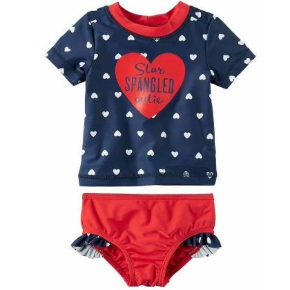 Girls Swimsuit Rash Guard Star Spangled Cutie Heart Patriotic July 4th UPF 50+